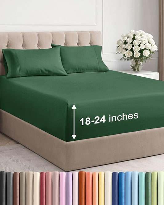 Extra Deep Pocket Cal King Sheets - 4 Piece Breathable & Cooling Bed Sheets - Hotel Luxury Bed Sheet Set - Soft, Wrinkle Free & Comfy - Easily Fits Extra Deep Mattresses - Emerald Green Sheets Set