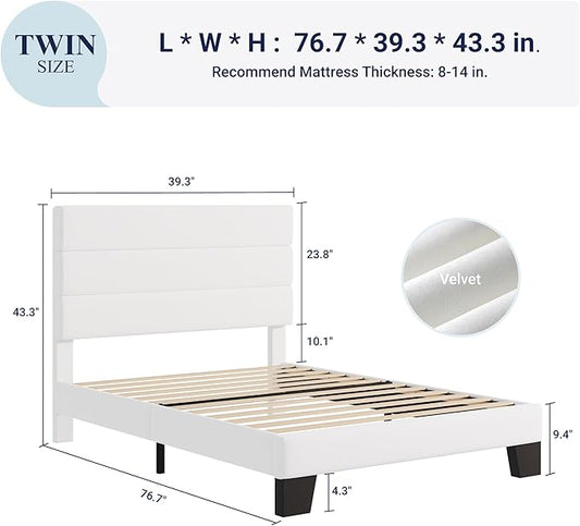 Allewie Twin Size Platform Bed Frame with Velvet Upholstered Headboard and Wooden Slats Support, Fully Upholstered Mattress Foundation/No Box Spring Needed/Easy Assembly, White