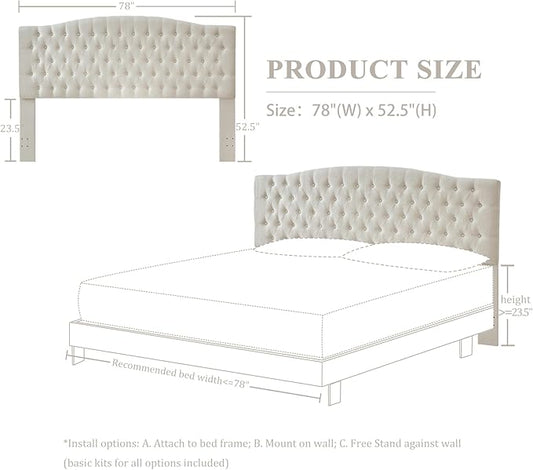 Linen Upholstered Headboard King/Cal King Size Latest Model Wall Mount, Bed Frame Mount, Featuring High-Density Sponge Padding, Luxury Texture Easy Assembly Comfort and Style-Ivory