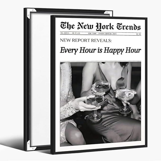 Retro New York Trends Wall Art Black and White Newspaper Poster Every Hour Is Happy Hour Canvas Prints Funky Feminist Posters Trendy Alcohol Wall Decor for Bar Cart Hot Girl Dorm Room Decorative 12x16inch black framed