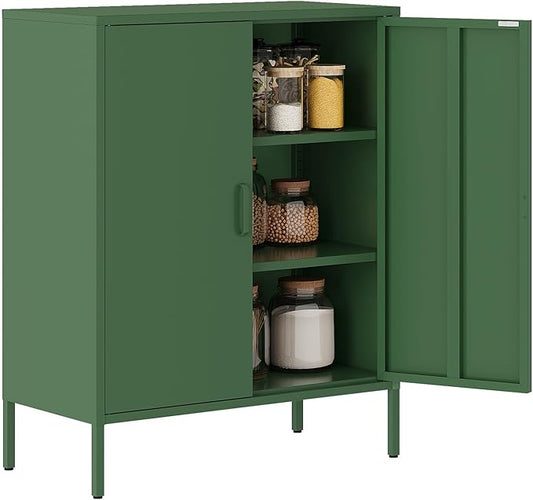 Green Metal Cabinet,Bathroom Floor Storage Cabinet,40"H Small Cabinets With Doors,2 Door Metal Towel Freestanding Cabinet For Small Spaces,Two Door Hallway Short Cupboard,Low Cabinet For Living Room