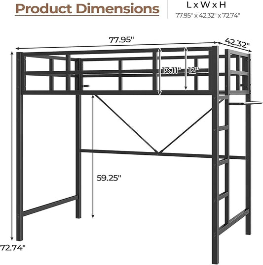 DICTAC Loft Bed Twin Size with Ladder and Guardrail,Metal Twin Loft Bed with Led Lights,Small Space Saving Furniture Design for Bedroom,Kid Room and Dorm,No Box Spring Needed, Black