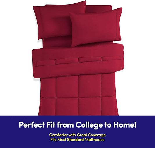 Dorm Room Essentials College Bedding Comforter Set 5 Piece Twin Size Bed in a Bag for College Students Boys and Girls, Twin, Red