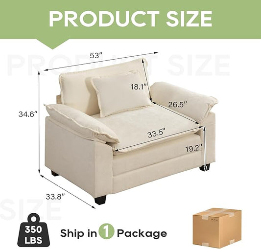 Modular Sectional Sofa, Comfy Cloud Couch Sectional Sofa, Chenille Sofa Sleeper Deep Seat Sofa with Throw Pillows for Living Room (Beige White, 53"- Single Seat)