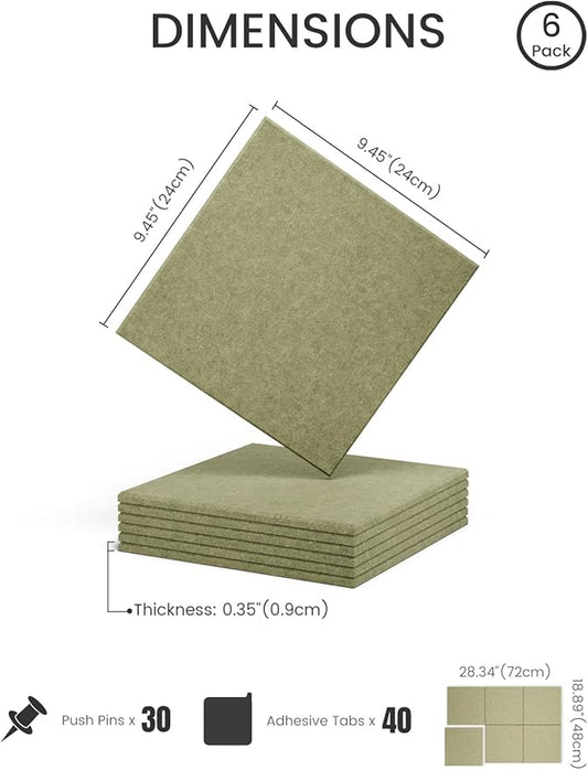 Felt Bulletin Board Tiles -28"x18" Cork Board Alternative for Office Decor, Push Pin Board Wall Organizer 6-Pack -Olive Green