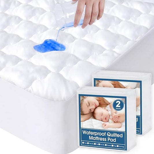 2 Pack King Mattress Protector Pad Waterproof Quilted, Breathable & Cooling King Size Mattress Cover Protector Fitted with Deep Pocket Up to 18", (White)