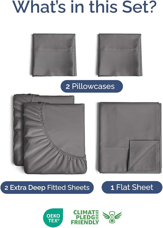 Extra Deep Pocket Split King Sheets - 5 Piece Breathable & Cooling Bed Sheets - Hotel Luxury Bed Sheet Set - Soft, Wrinkle Free & Comfy - Easily Fits Extra Deep Mattresses - Dark Grey Sheets Set