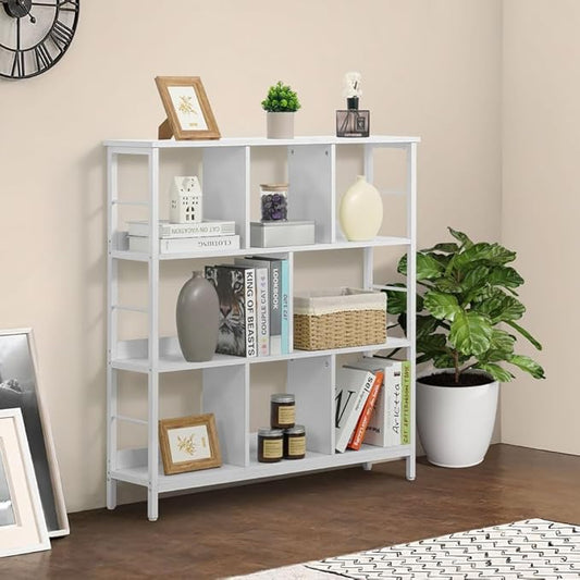 CAPHAUS 8 Cube Storage Organizer, 40” Wide 3 Tier White Industrial Open Shelf Bookcase, Display Shelf, Horizontal Bookshelf with Metal Frame, Wooden Board, for Living Room, Bedroom, Office