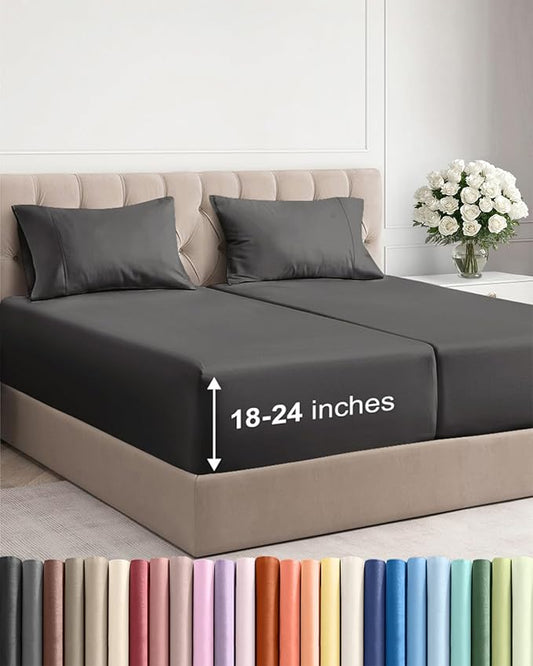 Extra Deep Pocket Split King Sheets - 5 Piece Breathable & Cooling Bed Sheets - Hotel Luxury Sheet Set - Soft, Wrinkle Free & Comfy - Easily Fits Extra Deep Mattresses - Deep Pocket Charcoal Sheets