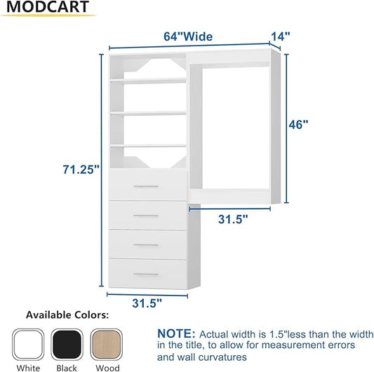 64" Wide Modular Closet Organizer With Tower and Drawers, Wood Storage for Walk In Closets, Wall Mounted Wardrobe Kit, Bedroom, White