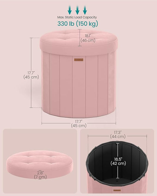 SONGMICS Mazie Collection - Round Storage Ottoman, Folding Footrest Stool with Removable Lid, Easy Assembly, Velvet Vanity Stool for Bedroom, Living Room, Entryway, Jelly Pink ULSF608R01