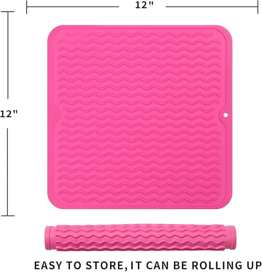Silicone Dish Drying Mat for Multiple Usage,Easy clean,Eco-friendly,Heat-resistant Silicone Mat for Kitchen Counter or Sink,Refrigerator or Drawer liner Rose M 12 inches x 12 inches