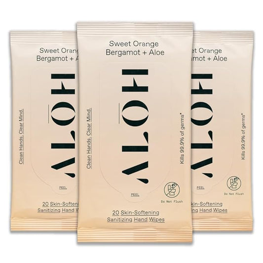 ALŌH Sweet Orange Bergamot + Aloe Sanitizing Hand Wipes - Clean Hands, Clear Mind - On The Go Hand Sanitizing Wipes for Kids and Adults - Travel Size 3 Pack 20ct Wipes (60 wipes)