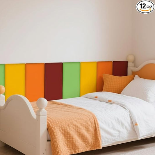 12 Pack Wall Padding for Playroom Peel and Stick Headboard 15.75" x 7.87" x 1.18" 3D Anti Collision Upholstered Wall Panels Self Adhesive Headboard Panel for Protection (Orange Yellow Colors)