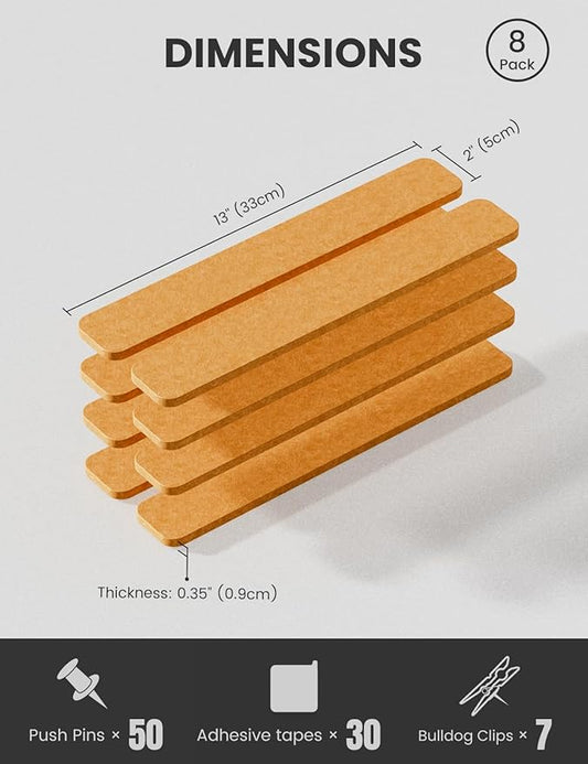 Cork Board Alternative Felt Strip Board 8-Pack 13"x2", Office Pin Board with 50 Push Pins, Adhesive Install for Bedroom Door & Home Office(Sunset Yellow)