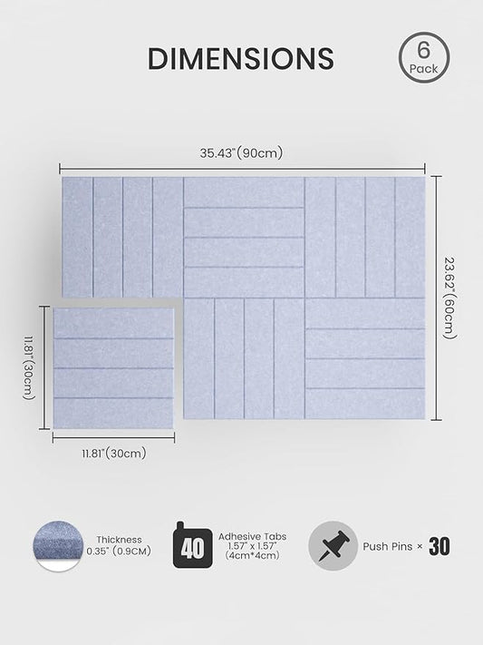 Bumusty Large Cork Board Alternative-36 x24 Felt Bulletin Board Tiles, with 30 Pushpins, 40 Adhesive Tabs, 6-Pack Slat Wall Paneling, Cork Boards for Office Push Pin Board Felt Board-Soft Periwinkle