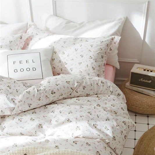 MKXI Pink Floral Girls Comforter Set Cute Bed Quilt Set Fluffy Bedding Set White Patterned Comforter 80"x90" Simple Full Size Comforter Set