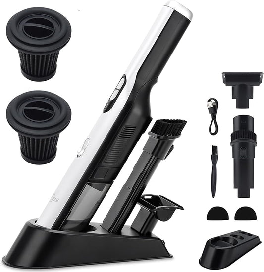 Handheld Cordless Vacuum Cleaner, Portable Car Vacuum with 18KPa Suction Power, Quick-Charge Hand Vac with LED Headlight & Storage Dock for Home Office Desk Keyboards Pet Hair, White