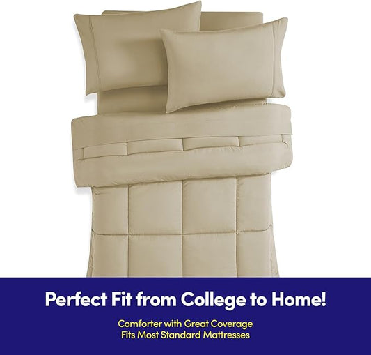 Dorm Room Essentials College Bedding Comforter Set 5 Piece Twin XL Size Bed in a Bag for College Students Boys and Girls, Twin XL, Taupe