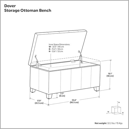 SIMPLIHOME Dover Storage Ottoman Bench - 36 inch Wide Upholstered Linen Look Fabric Rectangle Storage Ottoman Bench in Flint Grey, Contemporary Ottoman for Living Room or Entryway with Lift-Up Lid