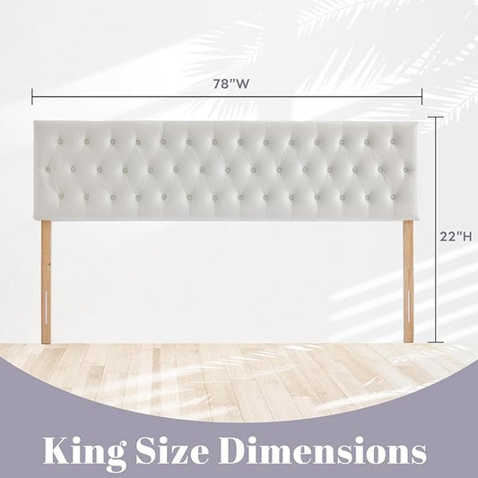 Kingfun Tufted Upholstered King Size Bed Headboard in Modern Button Design, Adjustable Solid Wood Head Board, Premium Velvet Fabric Padded Headboards in Bedroom (White)