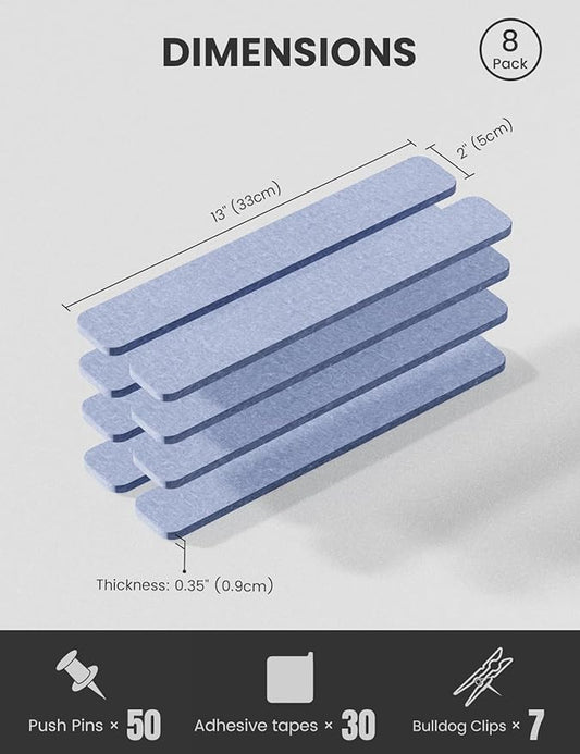 Cork Board Alternative Felt Strip Board 8-Pack 13"x2", Office Pin Board with 50 Push Pins, Adhesive Install for Bedroom Door & Home Office(Soft Periwinkle)