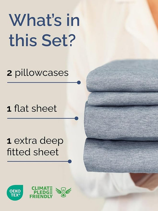 Extra Deep Pocket Full Sheets - 4 Piece Breathable & Cooling Bed Sheets - Hotel Luxury Sheet Set - Soft, Wrinkle Free & Comfy - Easily Fits Extra Deep Mattresses - Deep Pocket Heathered Blue Sheets