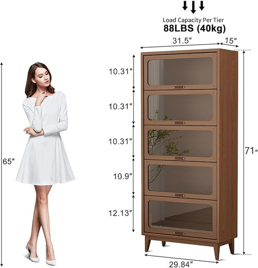 Solid Wood bookcase 5 Tier with Tempered Glass Flip-Up doors, 72Hx13.7Dx32W"Bookshelves Finish Cube Storage Organizer,Bookshelf Versatile Pantry Cabinet with Storage for Kitchen Home Office