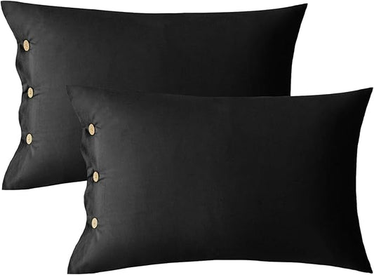 JELLYMONI Pillowcases Standard Set of 2 Cotton Button Pillow Covers 20×26in Pure Black Bed Pillow Cases 100% Washed Cotton Soft Breathable (Pillows are not Included)