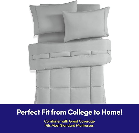 Dorm Room Essentials College Bedding Comforter Set 5 Piece Twin Size Bed in a Bag for College Students Boys and Girls, Twin, Silver