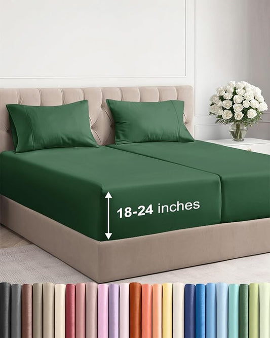 Extra Deep Pocket Split King Sheets - 5 Piece Breathable & Cooling Bed Sheets - Hotel Luxury Bed Sheet Set - Soft, Wrinkle Free & Comfy - Easily Fits Extra Deep Mattresses - Emerald Green Sheets Set
