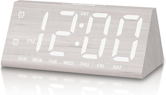Digital Alarm Clock, with Wooden Electronic LED Time Display, 3 Alarm Settings, Humidity & Temperature Detect, Wood Made Electric Clocks for Bedroom, Bedside, Desk (White-Big Bold)