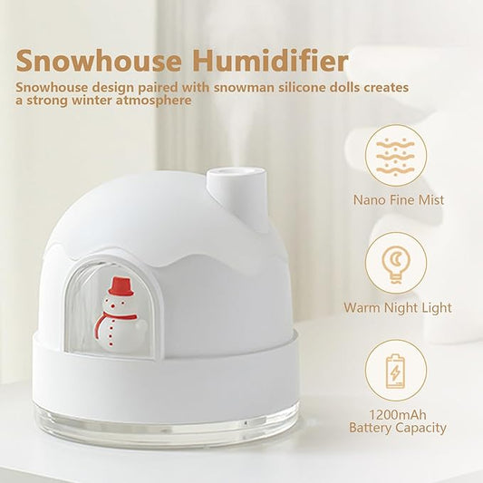 Humidifier for Bedroom, Household Mini Desktop Humidifier, Cute Snow House Humidifiers with Night Lights, Ultrasonic Silent Operation, 350ml, Suitable for Small & Medium-Sized Rooms (White)
