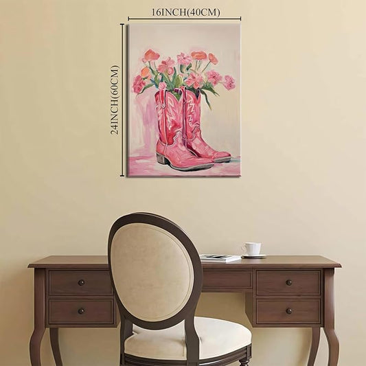 Julaydi Floral Cowgirl Boots Wall Art Pink Cowboy Boots with Flower Painting Western Aesthetic Canvas Prints Poster Trendy Preppy Girls Room Decor Picture for Living Room Bedroom Dorm 16x24in Framed