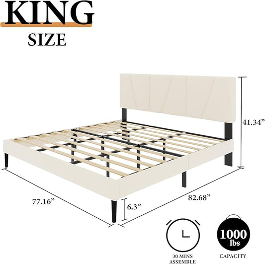 King Size Platform Bed Frame with Geometric Upholstered Headboard, Noise Free, Wooden Slats Support, No Box Spring Needed, Easy Assembly, Beige, Velvet
