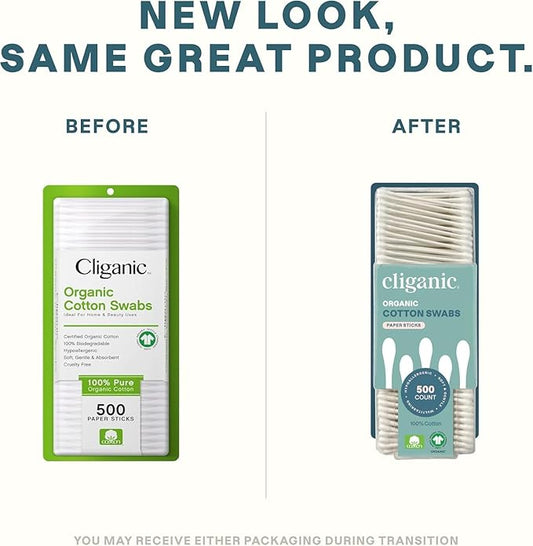 Cliganic Organic Cotton Swabs, 1500 Count - 100% Pure Natural Cotton, Chlorine-Free Hypoallergenic, Soft, Gentle & Absorbent Buds