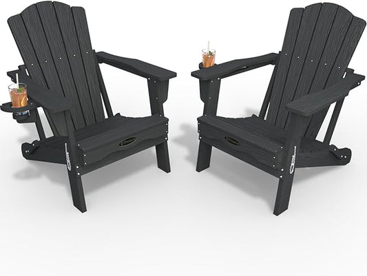 Adirondack Chair Set of 2, Folding All-Weather Outdoor HDPE Patio Chair with Cup Holder, Grey