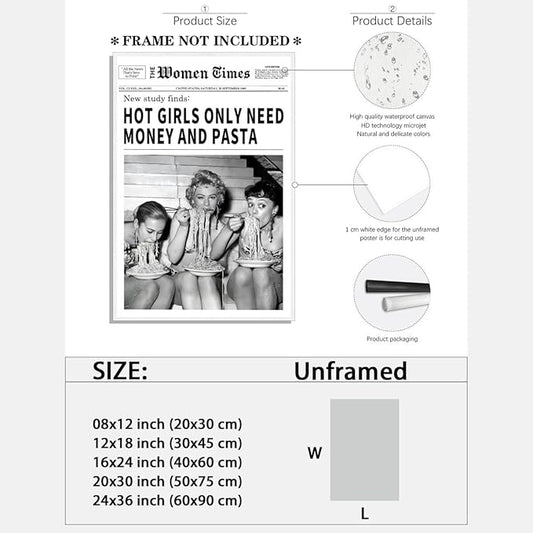 Vintage Women Times Newspaper Canvas Wall Art Black and White Aesthetic Poster Funky Hot Girl Eating Pasta Fashion Prints for Italian Kitchen Bar Cart Girly Dorm Room Art Posters 12x16inch Unframed