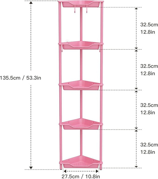 Orimade Rustproof 5 Tier Floor Standing Corner Shower Caddy Organizer, Plastic Metal Splicing Floor Corner Shelf Rack Stands for Bathroom, Pink