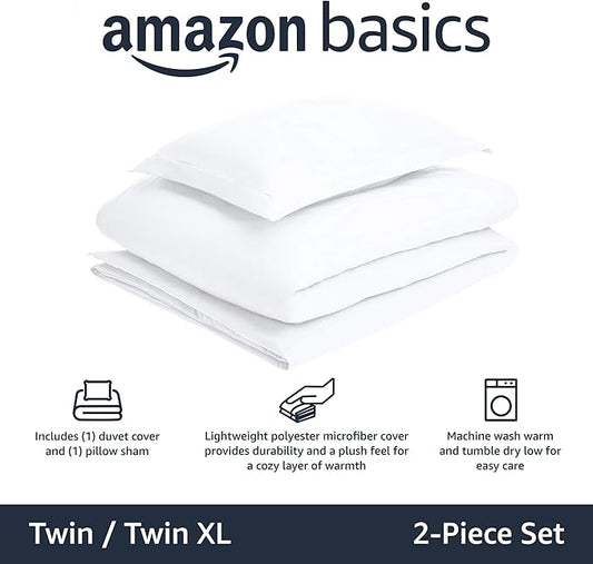 Amazon Basics Lightweight 2 Piece Microfiber Duvet Cover Set with Zipper Closure, Twin/Twin XL, Bright White, Solid