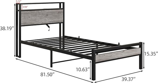 HOJINLINERO Twin Bed Frame with Storage Headboard and Charging Station, Twin Size, Heavy Duty Metal Slats, No Box Spring Needed, Dark Grey