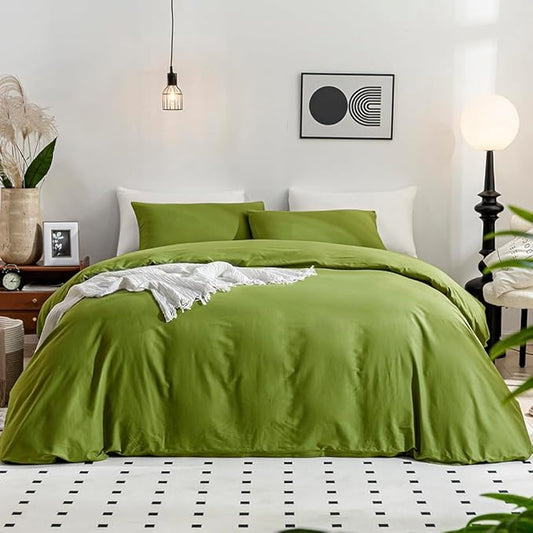 JELLYMONI Christams Duvet Cover Twin Size - 100% Washed Cotton Linen Feel Textured Comforter Cover, 2 Pieces Breathable Soft Bedding Set with Zipper Closure (Avocado Green, Twin 68"×90")
