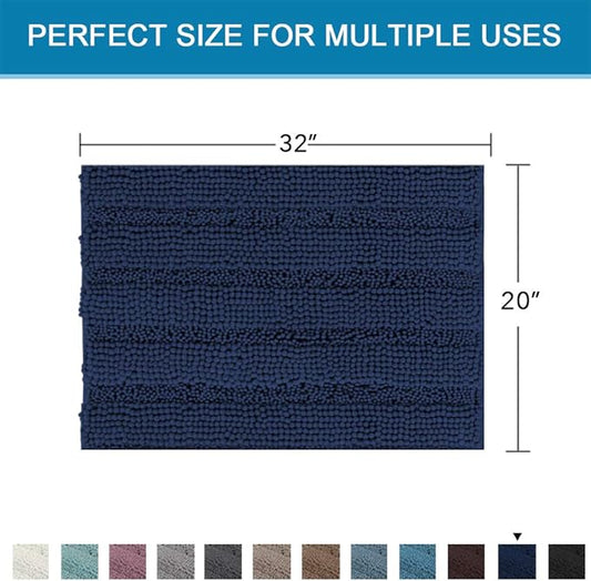 H.VERSAILTEX Bath Rugs for Bathroom Non Slip Bath Mats Extra Thick Chenille Striped Rug 20" x 32" Absorbent Non Skid Fluffy Soft Shaggy Washable Dry Fast Plush Mat for Indoor, Bath Room, Tub - Navy