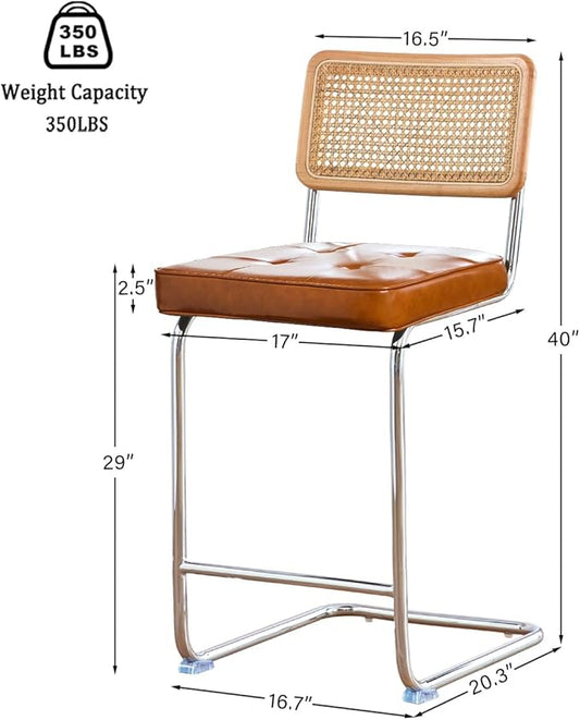 Natural Rattan Bar Stools Set of 3 with Solid Wood Back, 29 Inch Mid Century Modern Counter Height Stools, Brown Faux Leather Upholstery Boho Stool for Kitchen Counter with Chrome Metal Legs