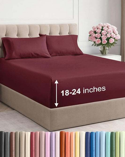 Extra Deep Pocket Full Sheets - 4 Piece Breathable & Cooling Bed Sheets - Hotel Luxury Bed Sheet Set - Soft, Wrinkle Free & Comfy - Easily Fits Extra Deep Mattresses - Deep Pocket Burgundy Sheets Set