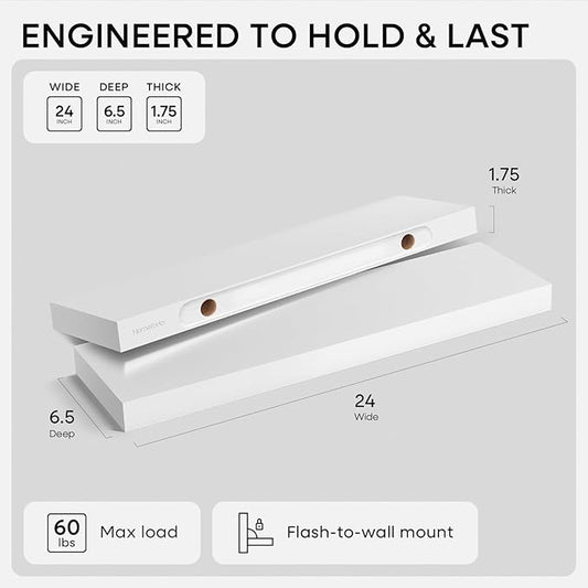 Homeforia White Floating Shelves 24 inch, High End Solid Real Wood 24inch Bathroom Floating Shelf for Wall Mounted, White Wooden 24in Floating Shelves, Heavy Duty Bracket, 24 X 6.5 X 1.75 in, Set of 2