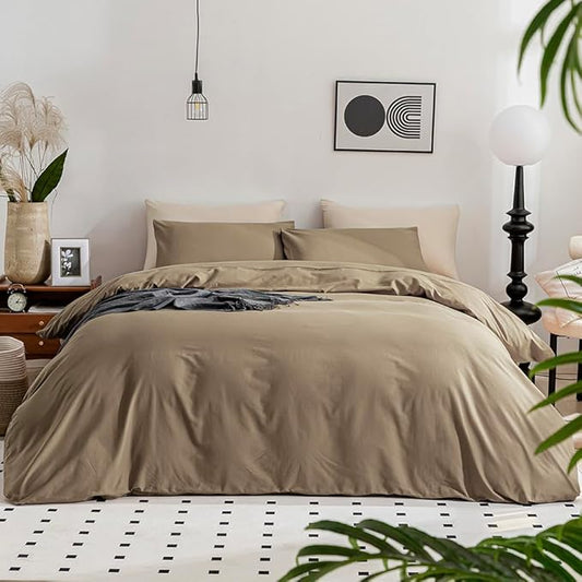 JELLYMONI Khaki 100% Washed Cotton Duvet Cover Set, 3 Pieces Ultra Soft Bedding Set with Zipper Closure. Solid Color Pattern Duvet Cover King Size(No Comforter)