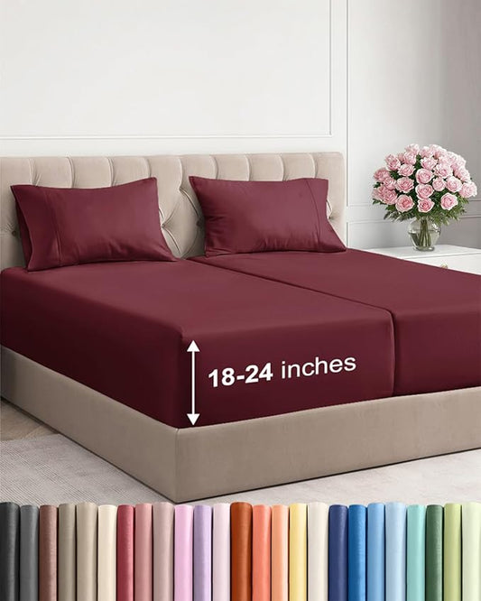 Extra Deep Pocket Split King Sheets - 5 Piece Breathable & Cooling Bed Sheets - Hotel Luxury Sheet Set - Soft, Wrinkle Free & Comfy - Easily Fits Extra Deep Mattresses - Deep Pocket Burgundy Sheets