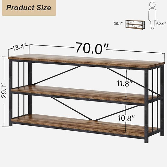 HSH Low Bookshelf, Industrial Wood 3 Tier Extra Long Horizontal Bookcase, Wide Open Metal Large Book Shelf for Bedroom Living Room, Rustic Brown, 70 Inch