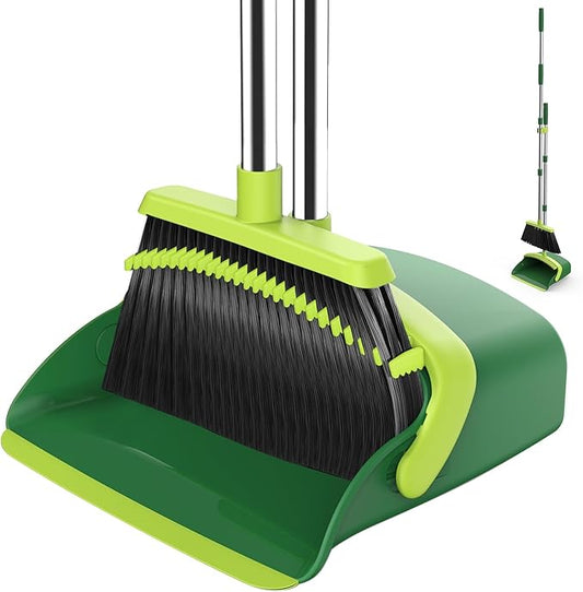 Broom and Dustpan Set, 52-in Long Adjustable Handle Broom Dustpan Combo with Dust pan Teeth to Automatically Clean Hair Suitable for Home Kitchen Office Hall Floor(Green)